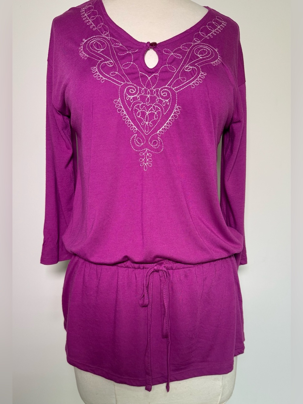 Purple Embroidered Keyhole Tunic Top with Drawstring Waist